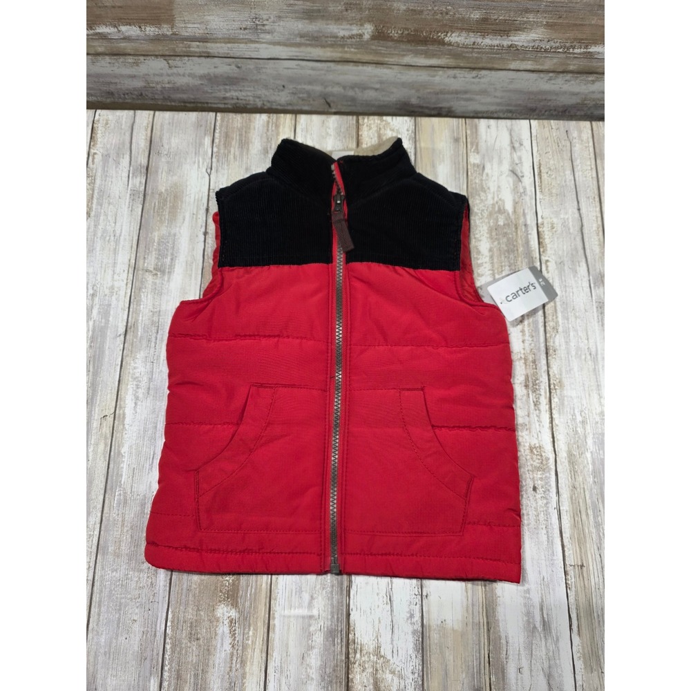 Carters Kids Red Black Puffer Vest Size 2t‎ Quilted Corduroy Collar